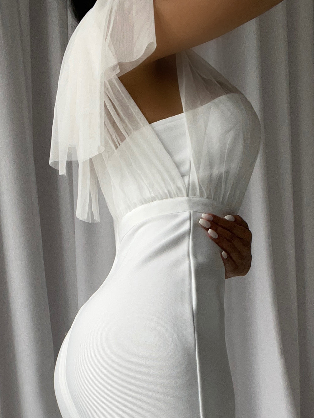White One Shoulder Mesh Drape Sweetheart Ruffle Hem Mermaid Midi Dress 5
