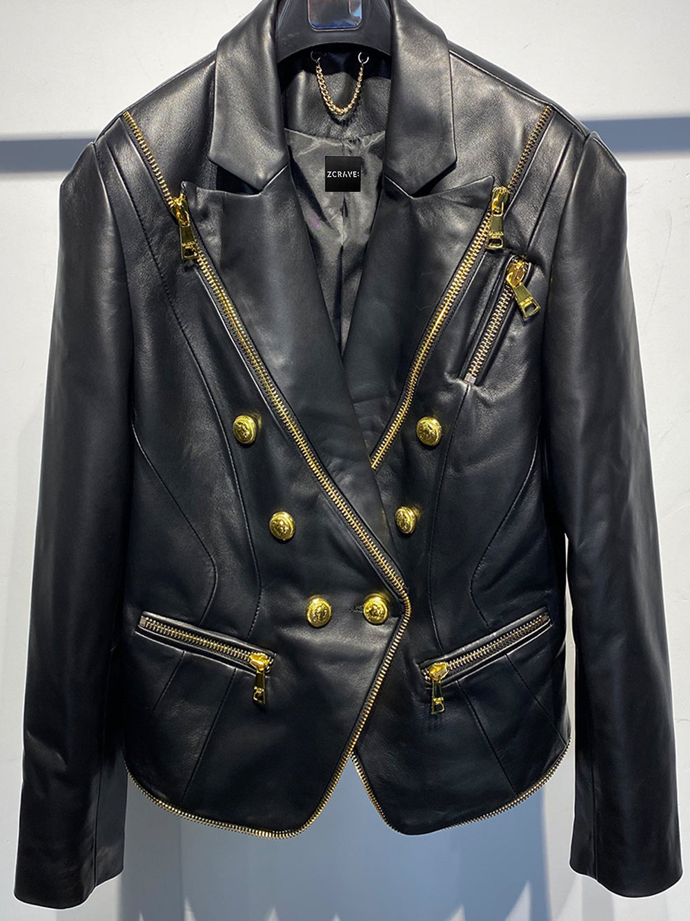 Black Peak Lapel Double Breasted Gold Button Zip Leather Blazer