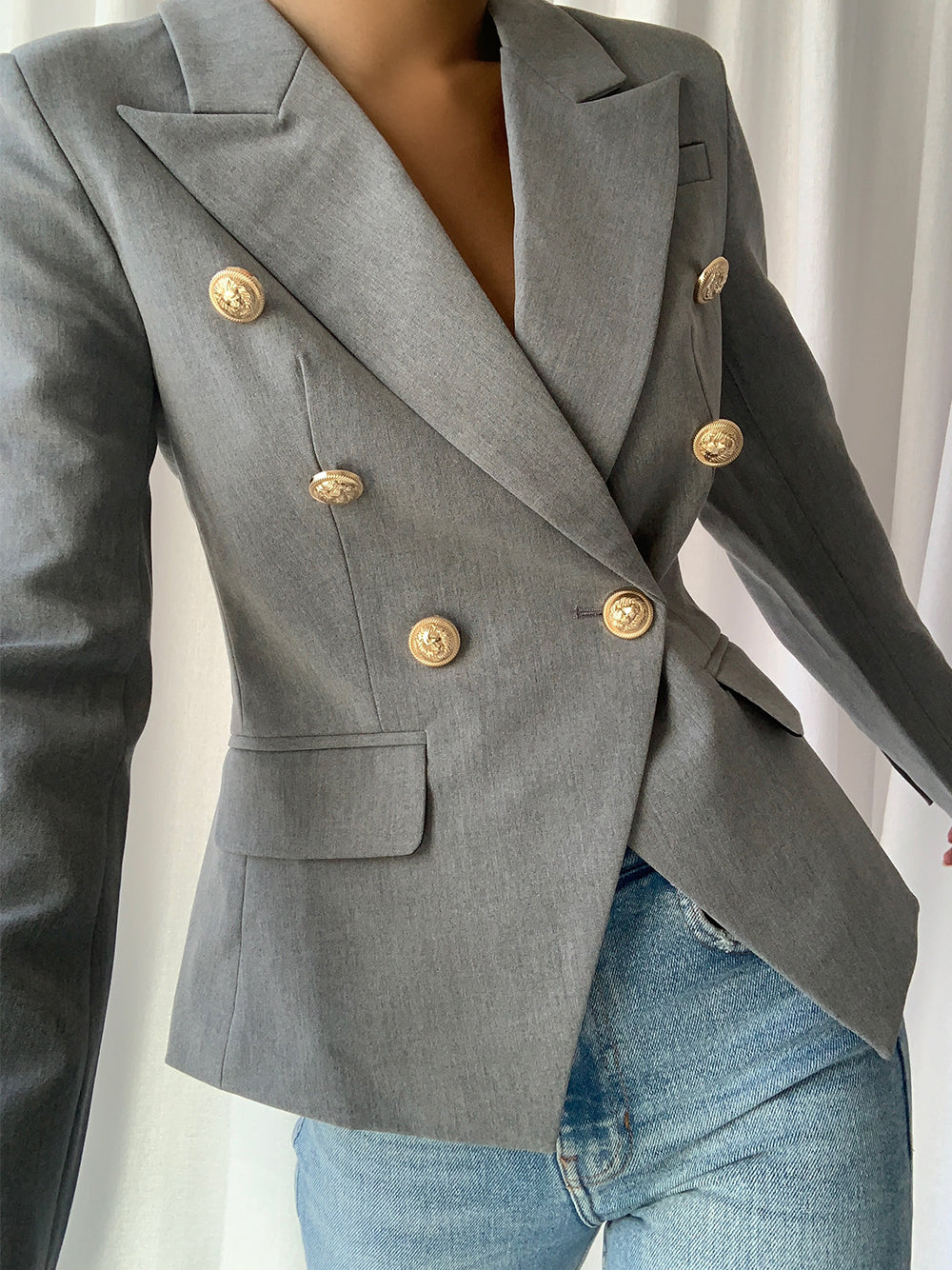 Gray Peak Lapel Gold Button Double Breasted Fitted Blazer