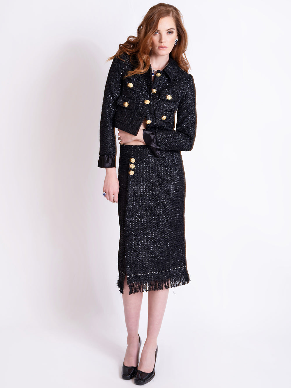 Black Gold Button Tweed Cropped Jacket and Fringe Skirt Set