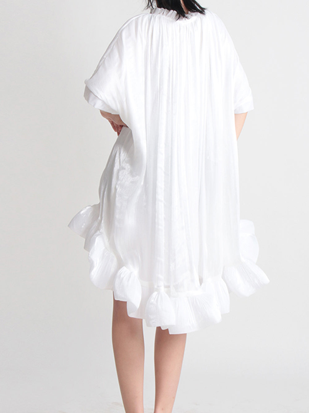 Tie Neck Ruffle Hem Batwing Sleeve Belted Flared Mini Dress