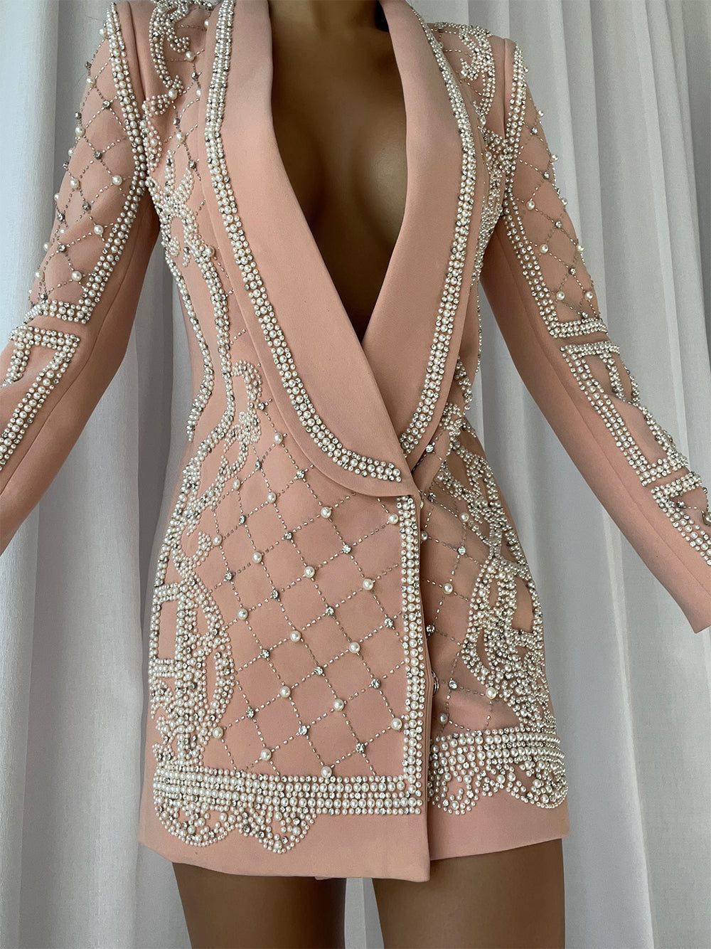 Nude Shawl Lapel Pearl Rhinestone Embellished Blazer Mini Dress 4