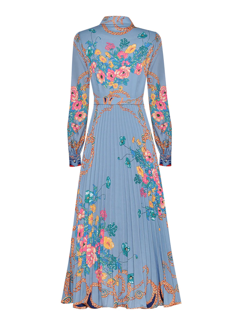 Collared Lace Trim Floral Baroque Print Long Sleeve Pleated Midi Dress 7