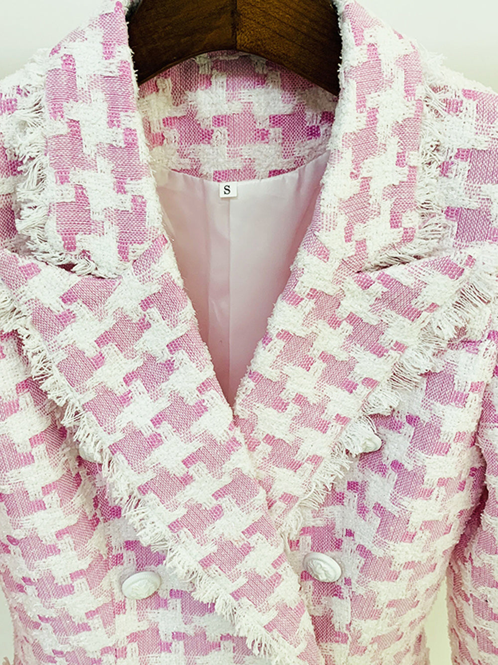 Pink Shawl Collar Double Breasted Houndstooth Tweed Blazer 17