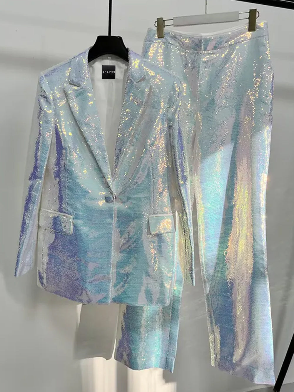 Silver Lapel Sequin Blazer And Pants Set
