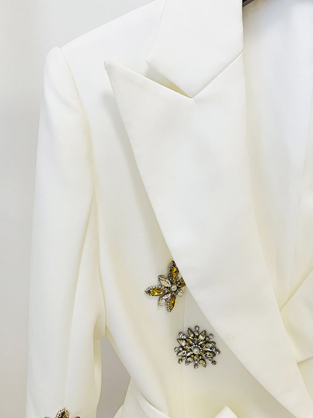 White Peak Lapel Rhinestone Embellished Belted Split Sleeve Blazer 9