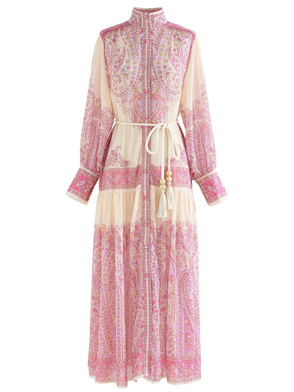 Pink Stand Collar Paisley Print Long Sleeve Belted Tiered Maxi Dress