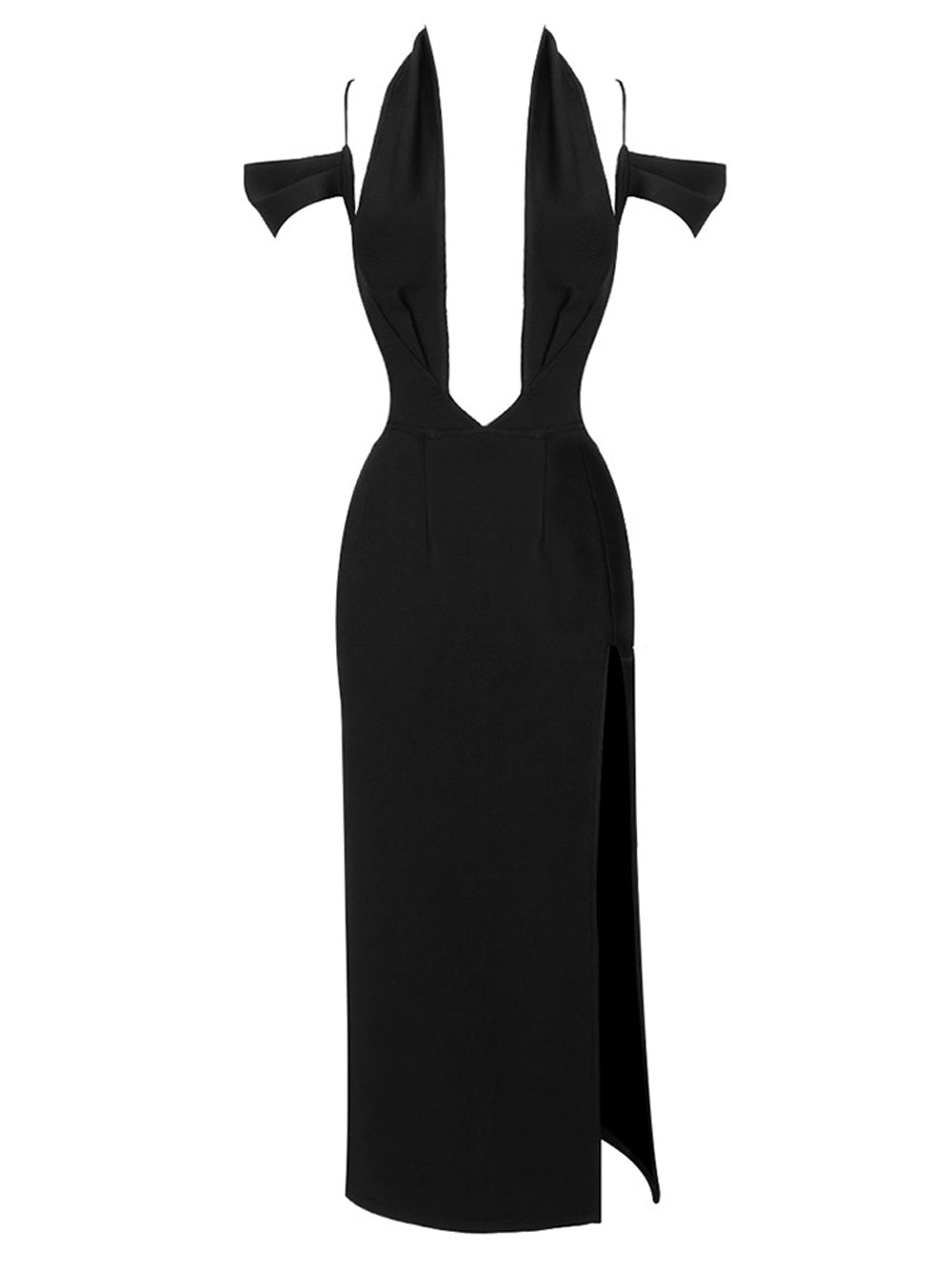 Black Off-Shoulder Draped Collar Deep Plunge High Slit Bodycon Midi Dress