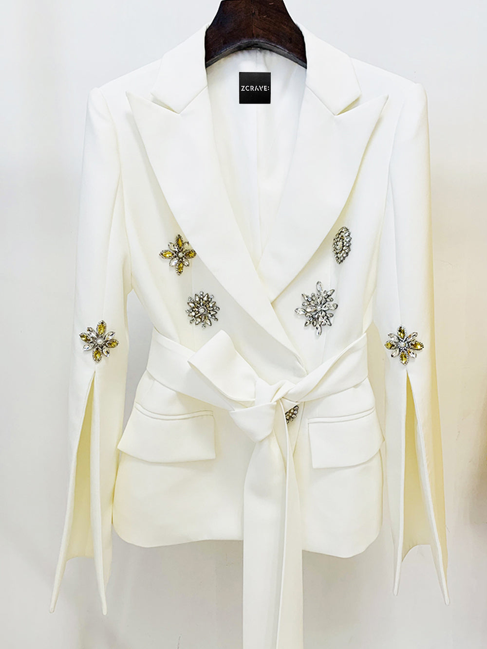 White Peak Lapel Rhinestone Embellished Belted Split Sleeve Blazer 6