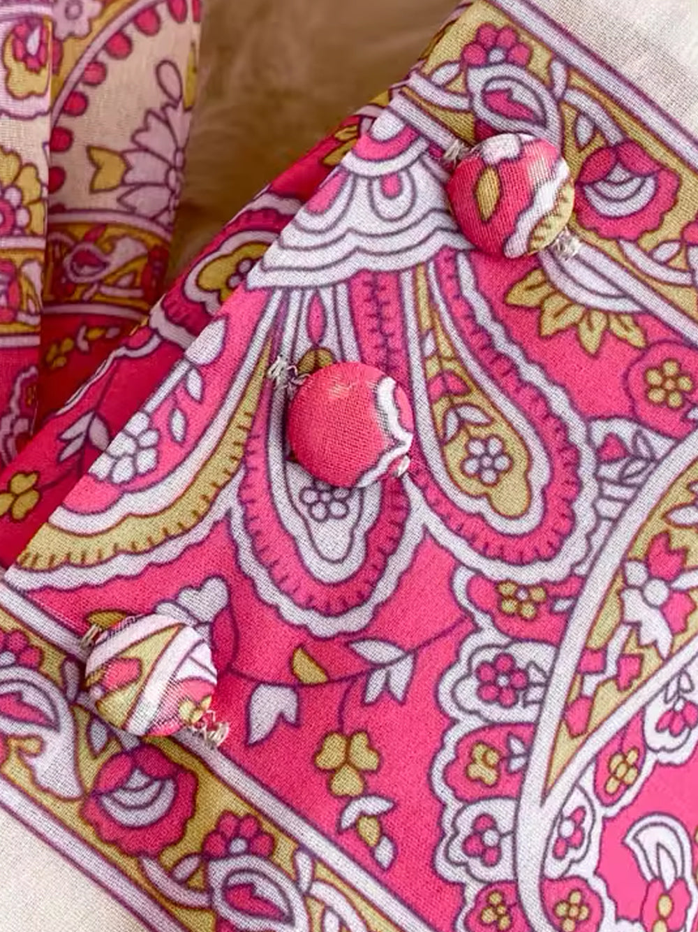 Pink Stand Collar Paisley Print Long Sleeve Belted Tiered Maxi Dress 11