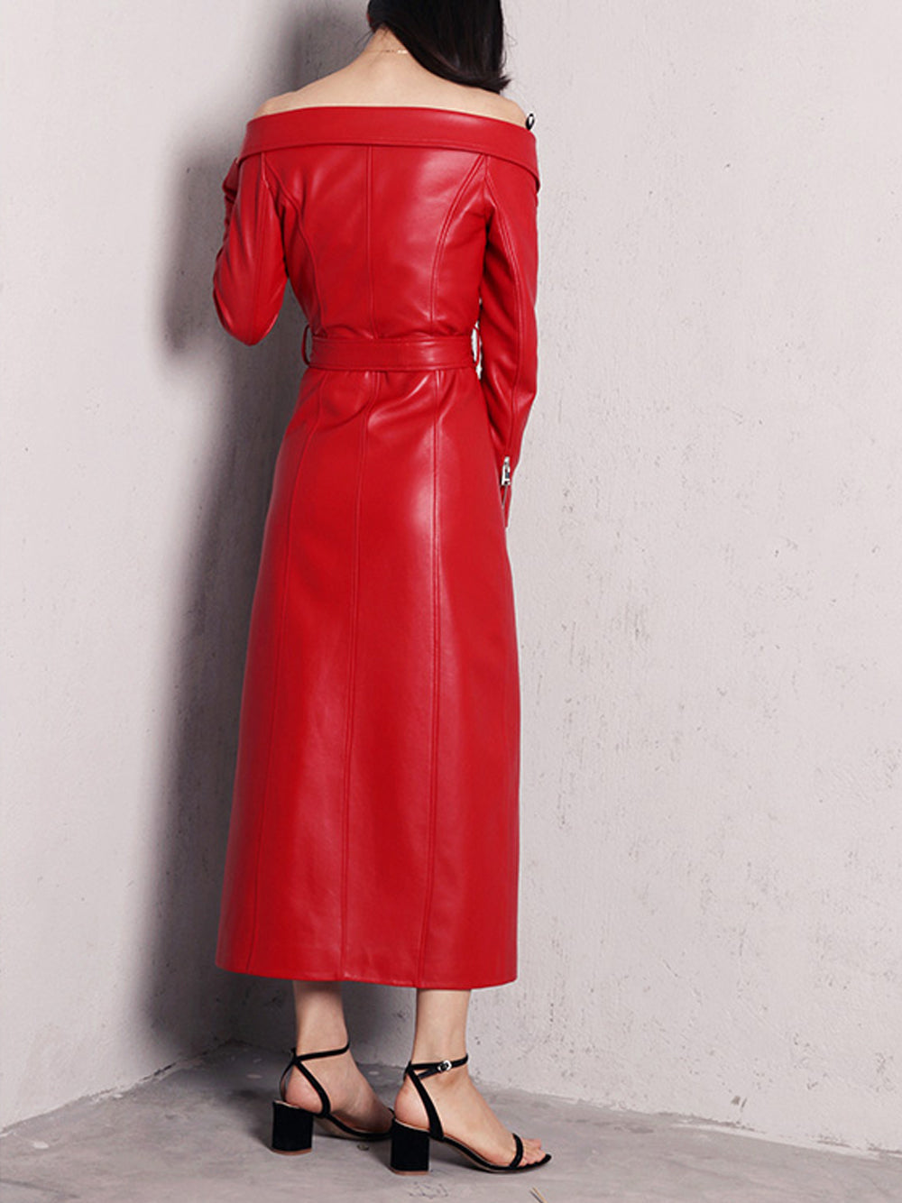 Off-Shoulder Long Sleeve Zip Front Belted Leather High Slit Maxi Dress 4