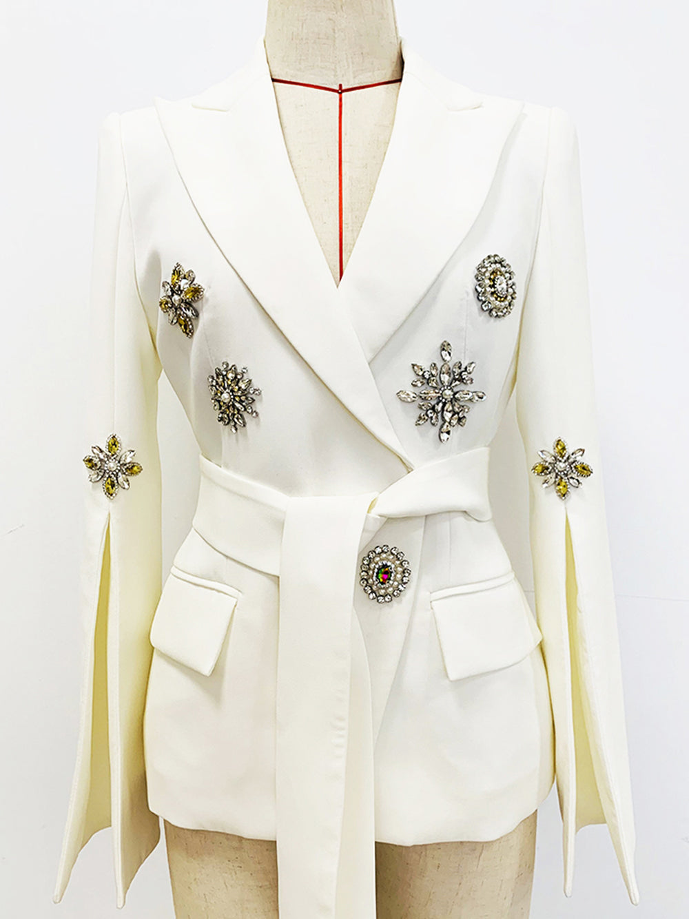 White Peak Lapel Rhinestone Embellished Belted Split Sleeve Blazer 5