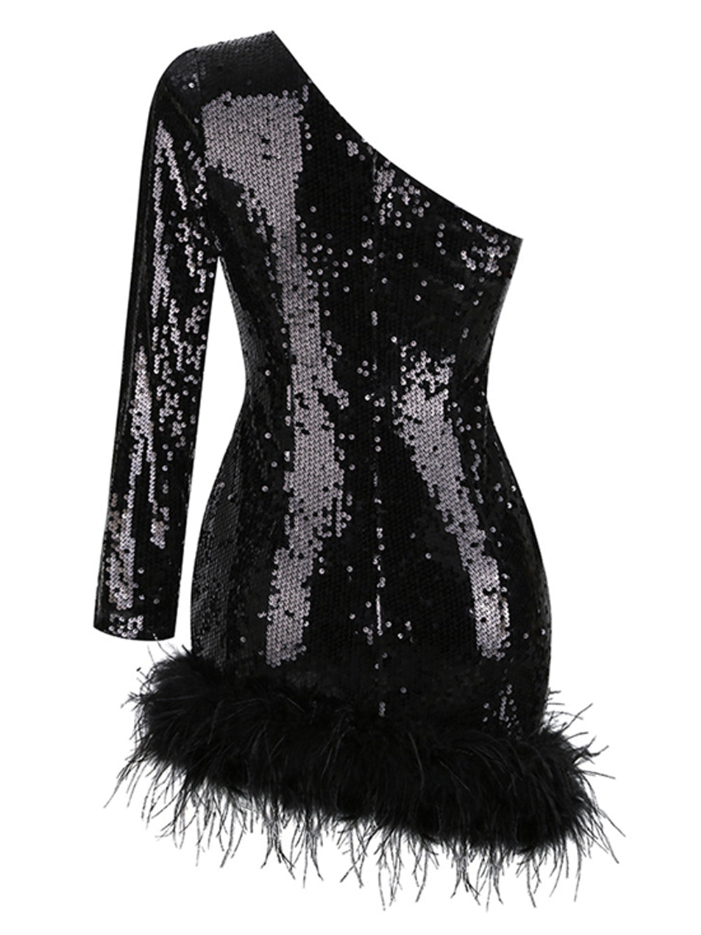 Black One Shoulder Sequin Feather Trim Long Sleeve Bodycon Mini Dress 5