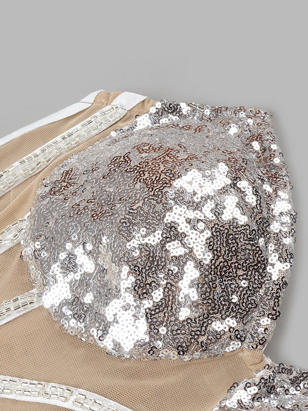 Beige Strapless Sequin Cup Pearl Draped Illusion Corset Bodycon Mini Dress 3