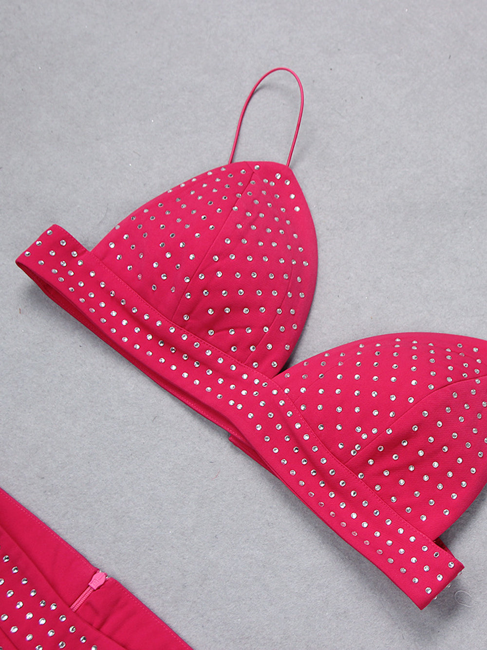 Fuchsia Notch Lapel Rhinestone Blazer Bralette Flared Pants Set 13