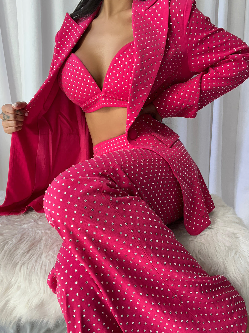 Fuchsia Notch Lapel Rhinestone Blazer Bralette Flared Pants Set 4