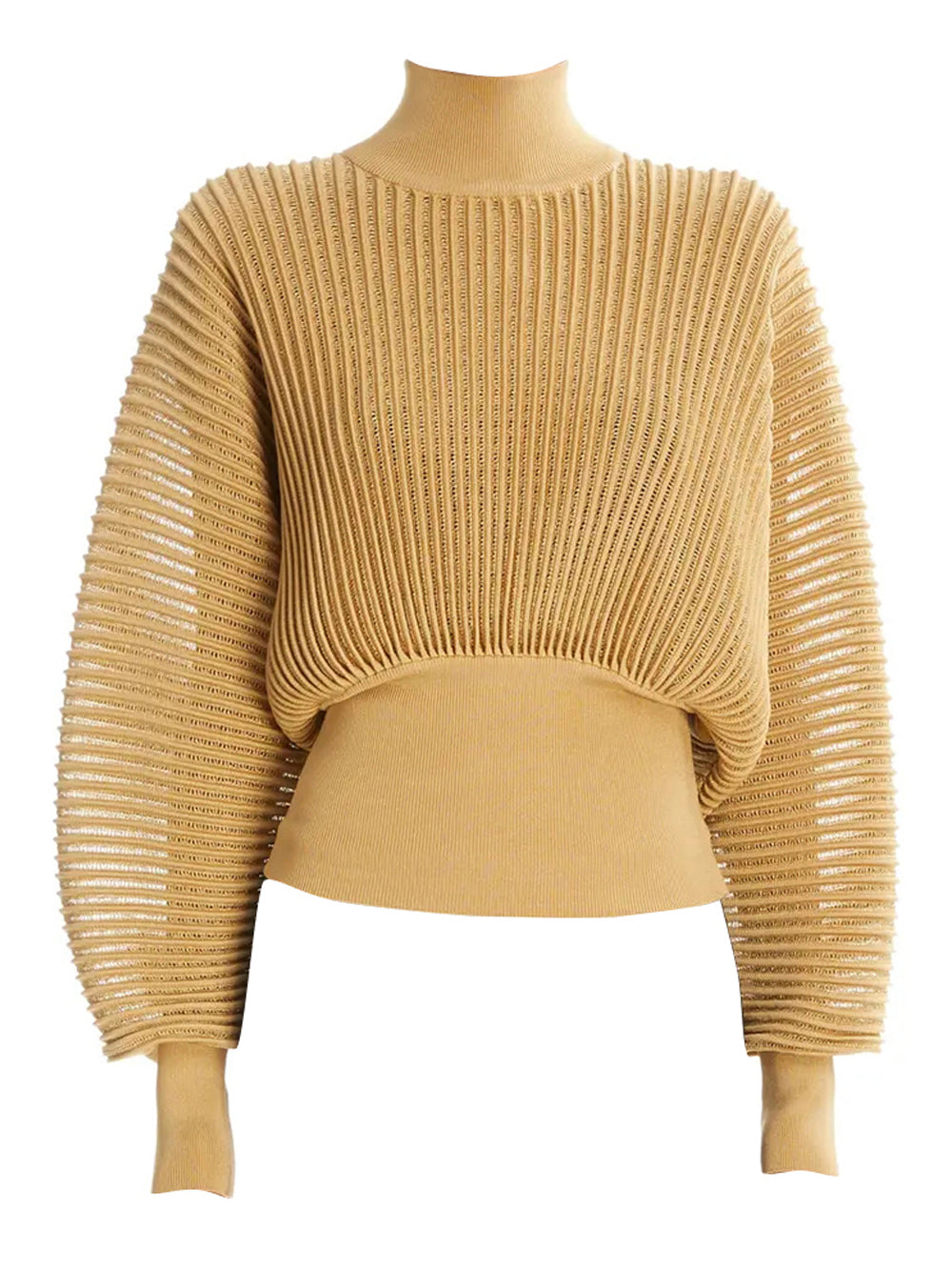 Brown Turtleneck Rhinestone Ribbed-Knit Long Sleeve Sweater