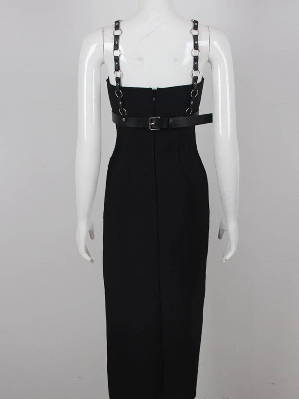Black Strappy Harness Caged Studded High Slit Bodycon Maxi Dress 20