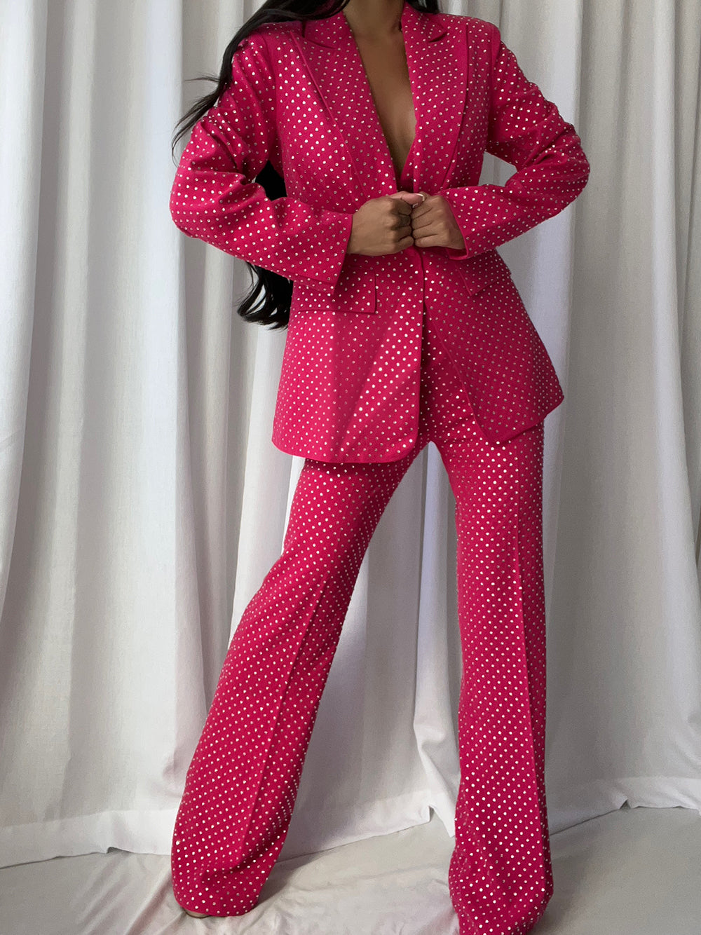 Fuchsia Notch Lapel Rhinestone Blazer Bralette Flared Pants Set 5