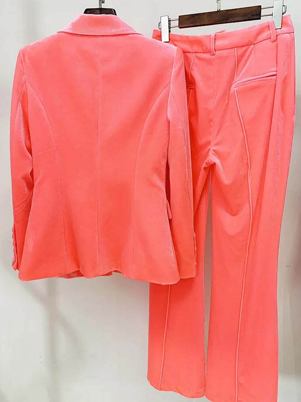 Peach Pink Peak Lapel Plunge Velvet Blazer And Flared Pants Set