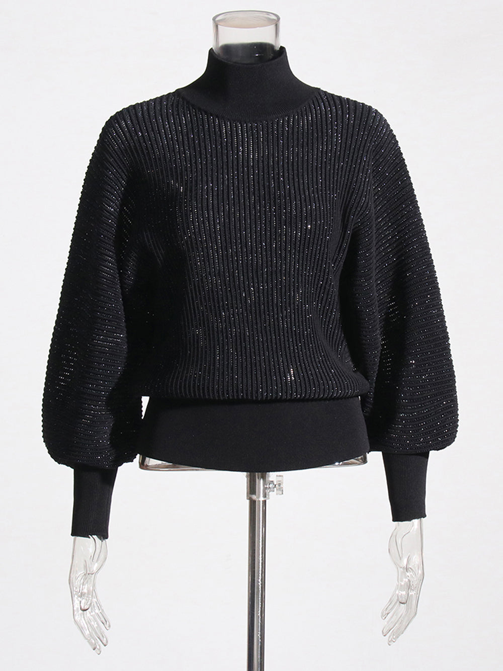 Black Turtleneck Metallic Ribbed-Knit Long Sleeve Sweater 6