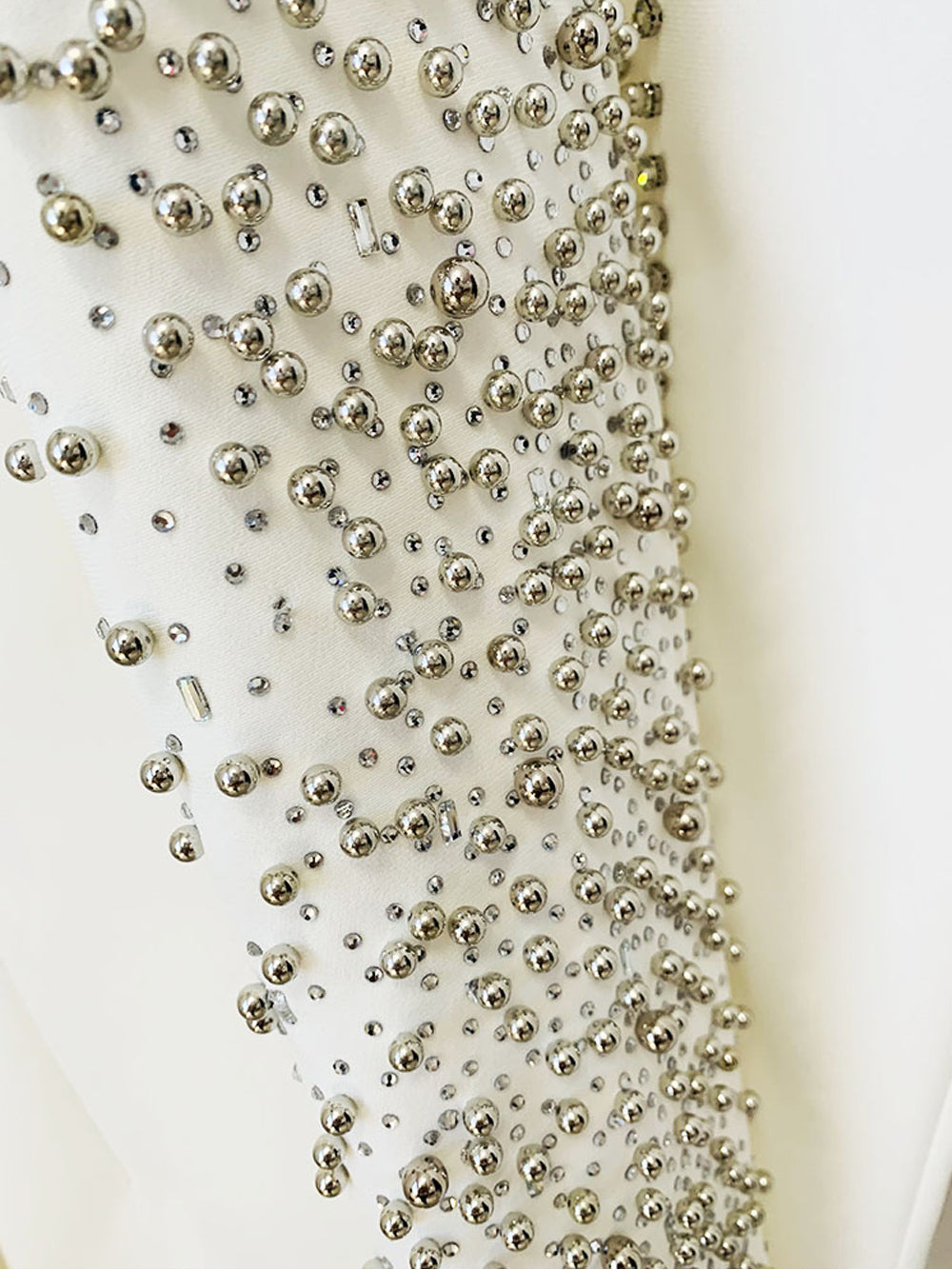 White Shawl Lapel Crystal Beaded Blazer Top Pants Set 13