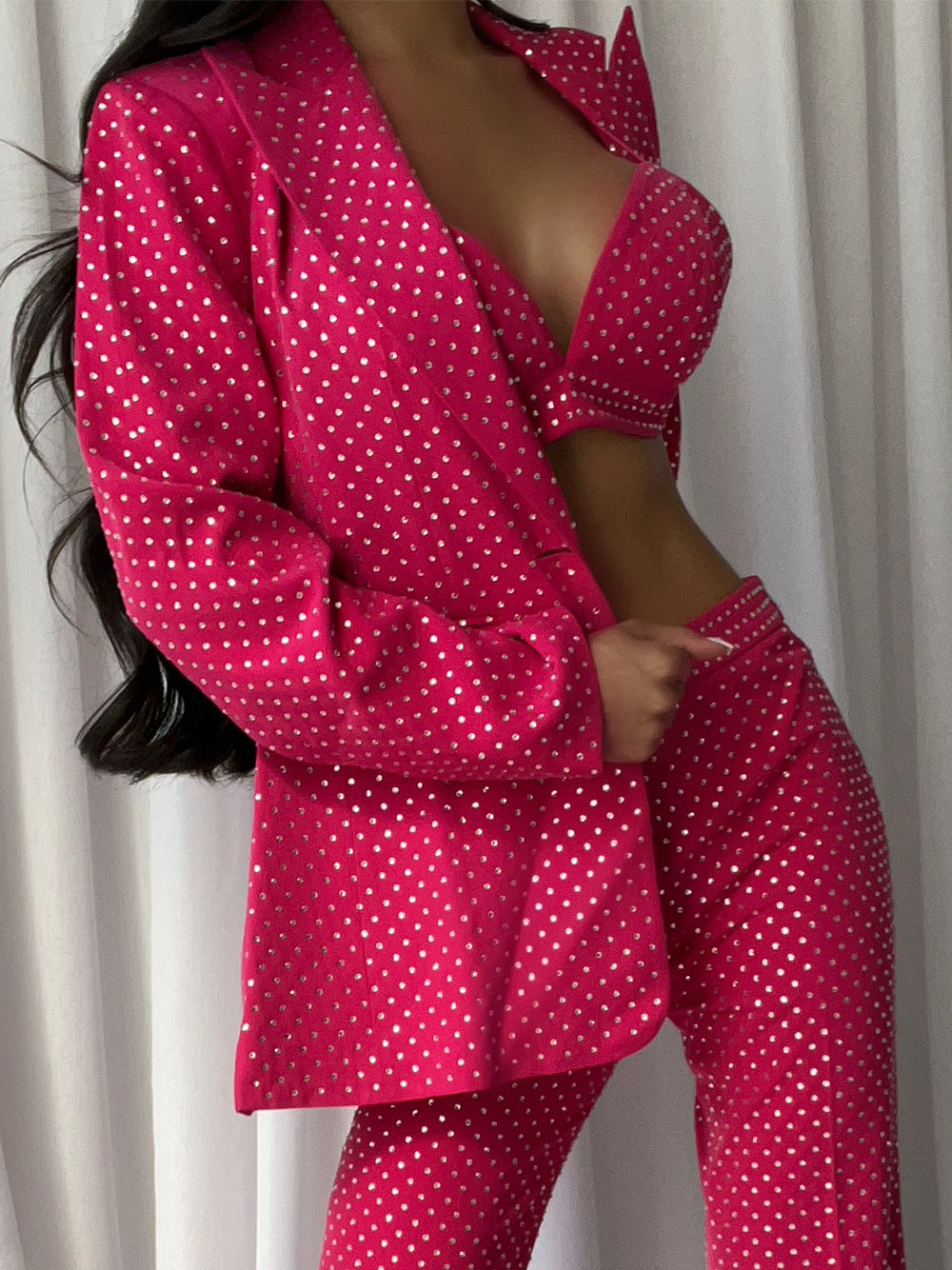 Fuchsia Notch Lapel Rhinestone Blazer Bralette Flared Pants Set 7