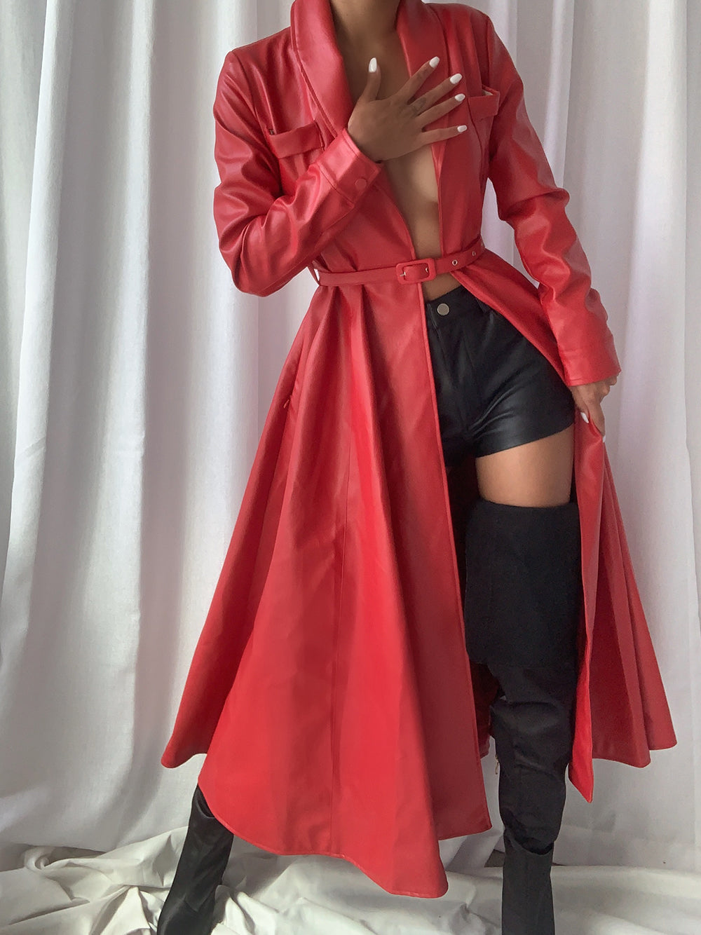 Lapel Belted Leather Maxi Trench Coat 7