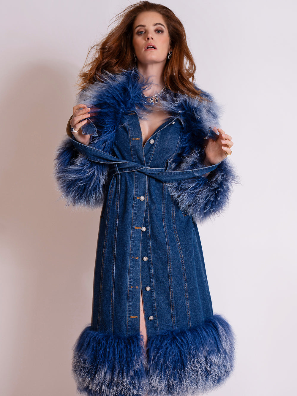 Denim Shaggy Fur Collar Cuff Hem Belted Button-Up Denim Coat 11