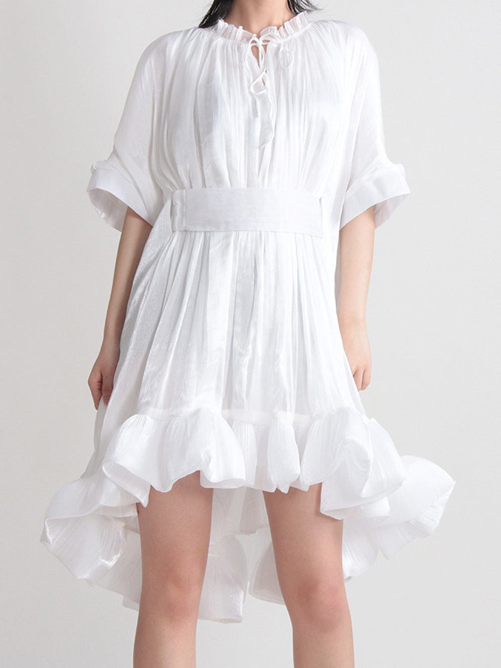 Tie Neck Ruffle Hem Batwing Sleeve Belted Flared Mini Dress