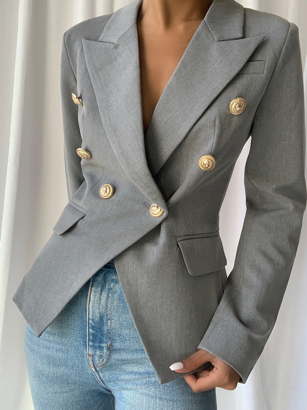 Gray Peak Lapel Gold Button Double Breasted Fitted Blazer