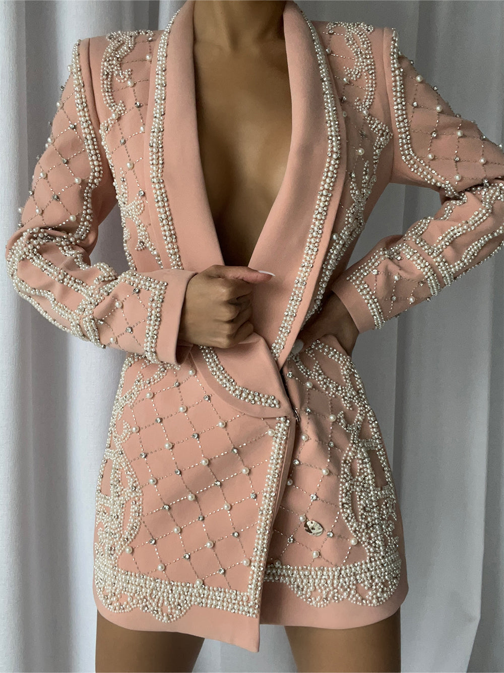 Nude Shawl Lapel Pearl Rhinestone Embellished Blazer Mini Dress 2