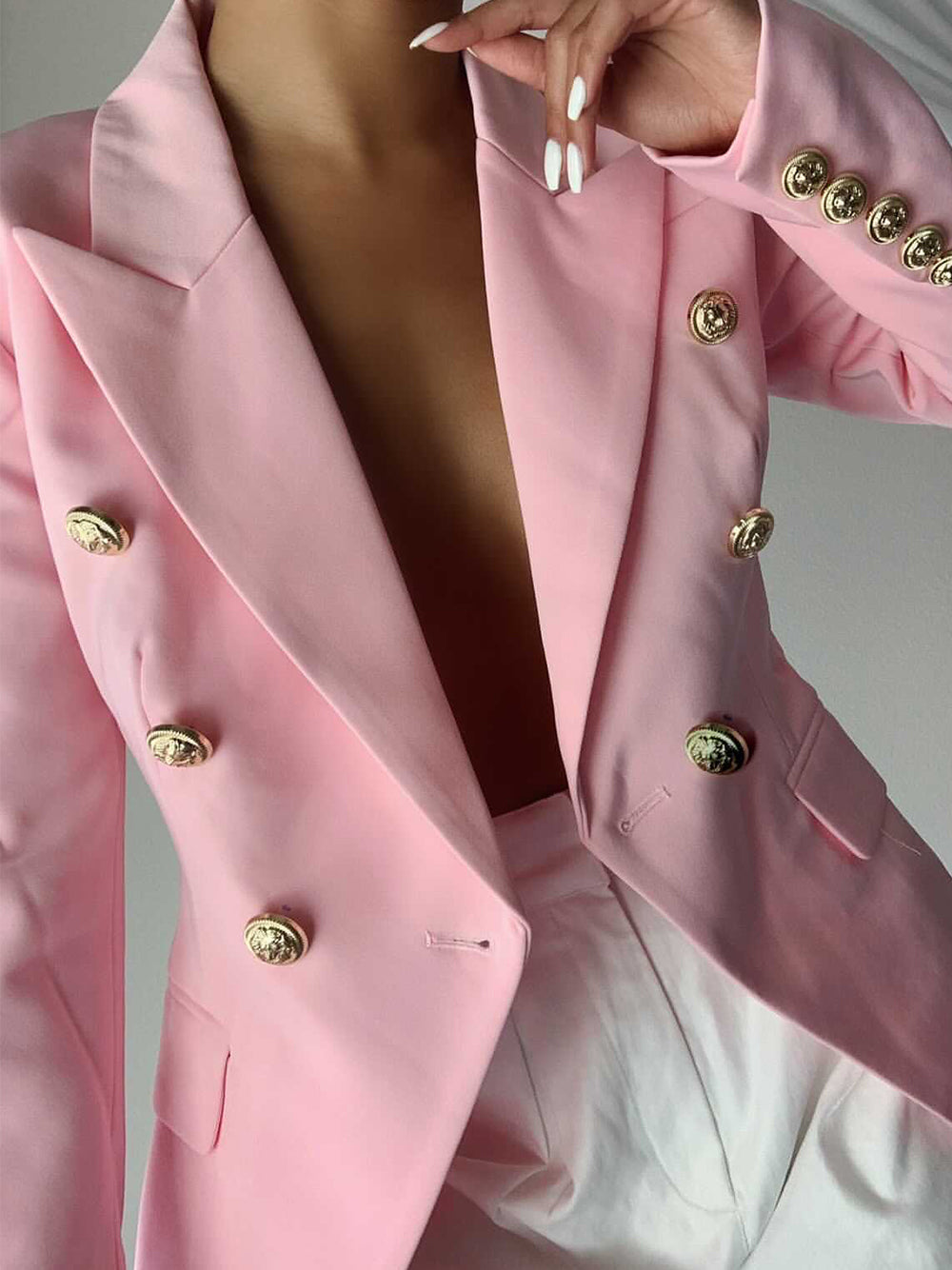 Pink Peak Lapel Gold Button Double Breasted Fitted Blazer 6