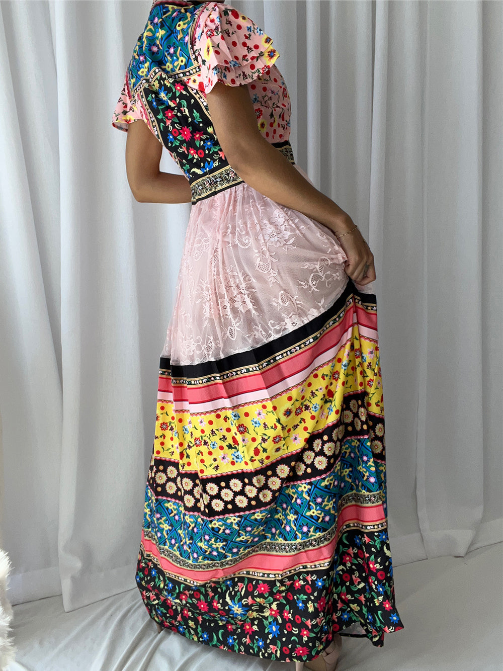 Pink Mock Neck Floral Patchwork Flutter Sleeve Lace Tiered A-Line Maxi Dress