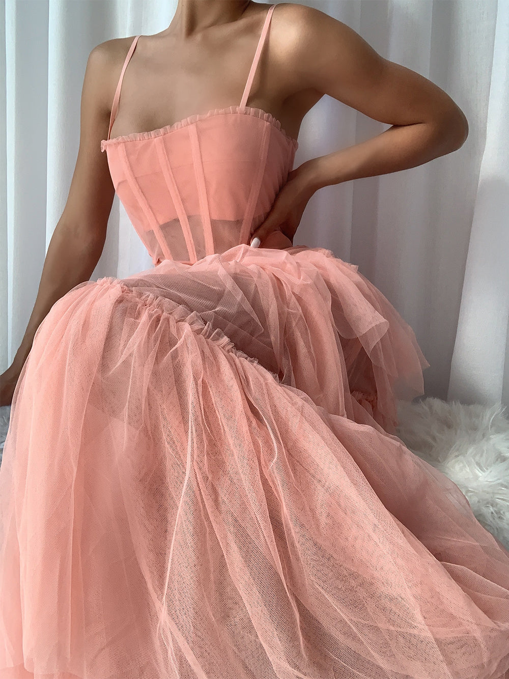 Pink Spaghetti Strap Corset Tiered Tulle Ruffle A-Line Maxi Gown 5