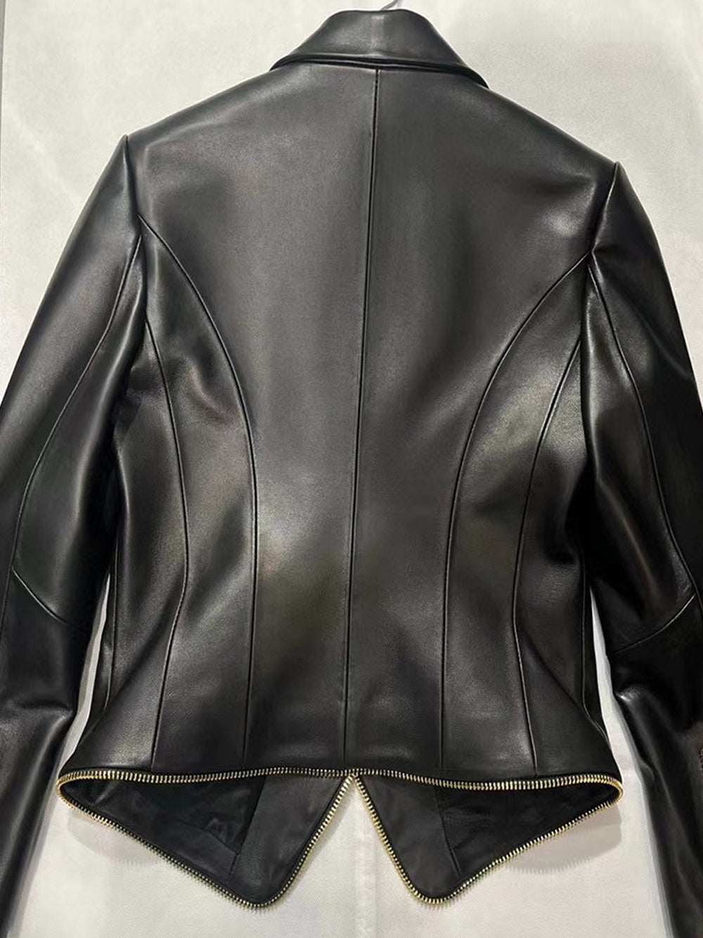 Black Peak Lapel Double Breasted Gold Button Zip Leather Blazer