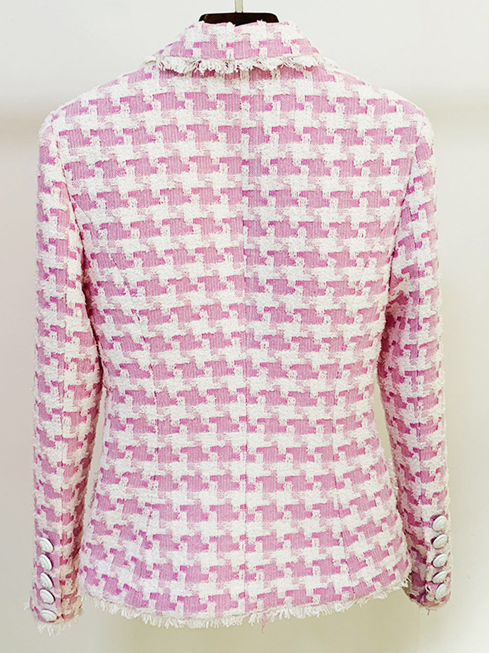 Pink Shawl Collar Double Breasted Houndstooth Tweed Blazer 13