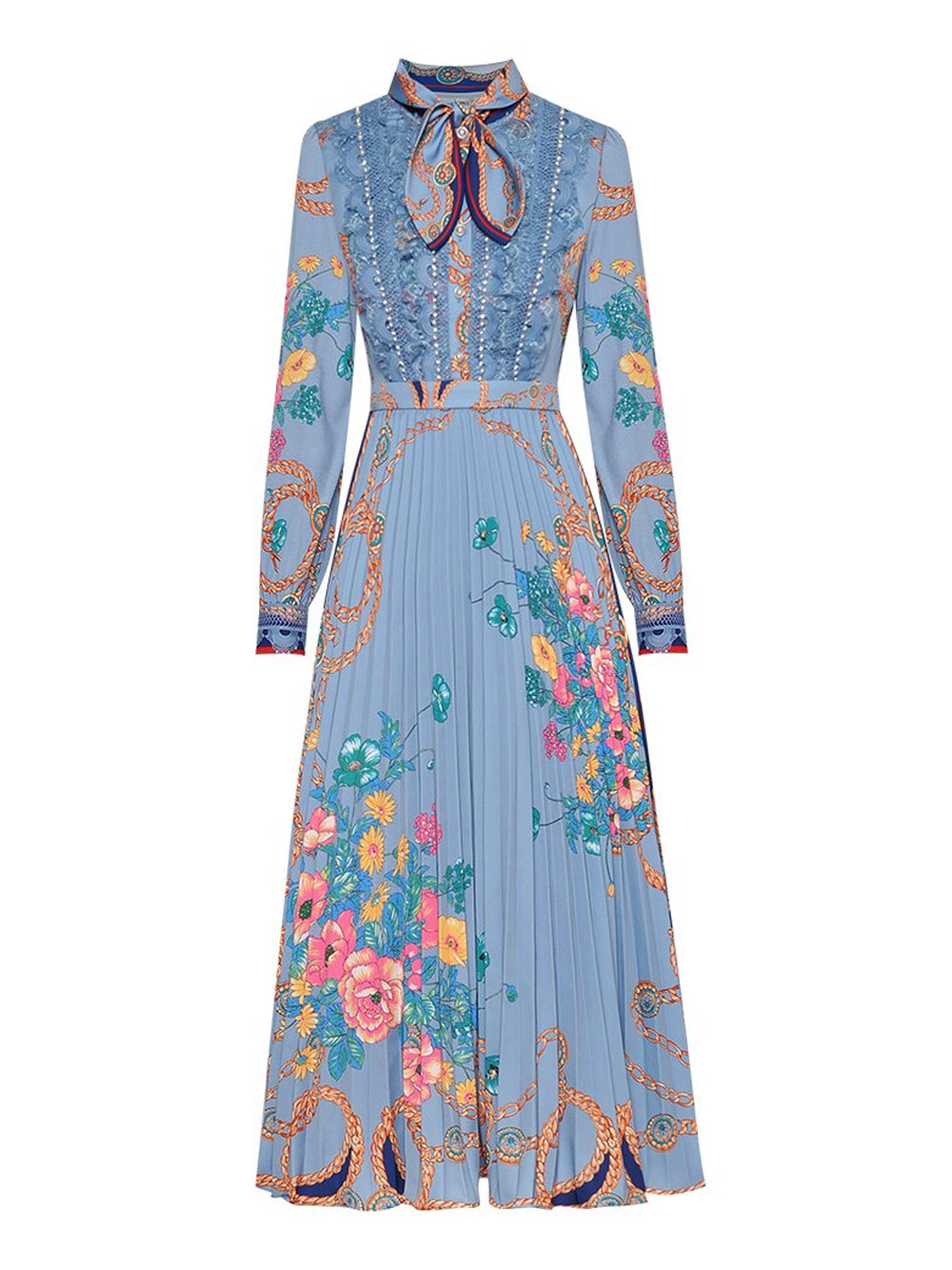 Blue Tie Neck Pearl Bib Floral Chain Print Pleated Midi Dress