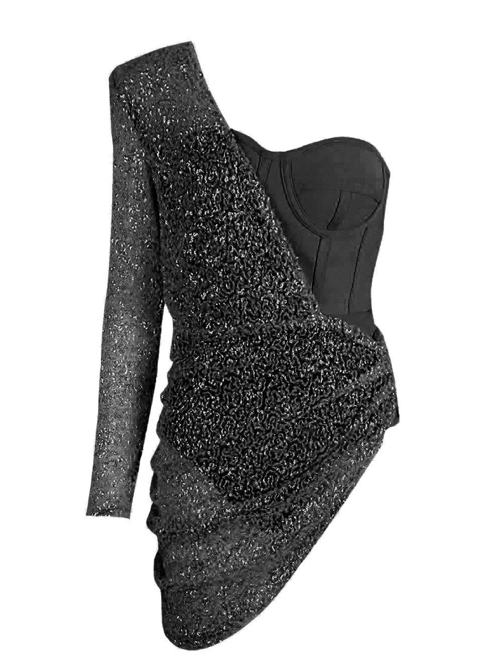 Beige One-Shoulder Sequin Long Sleeve Bodycon Mini Dress