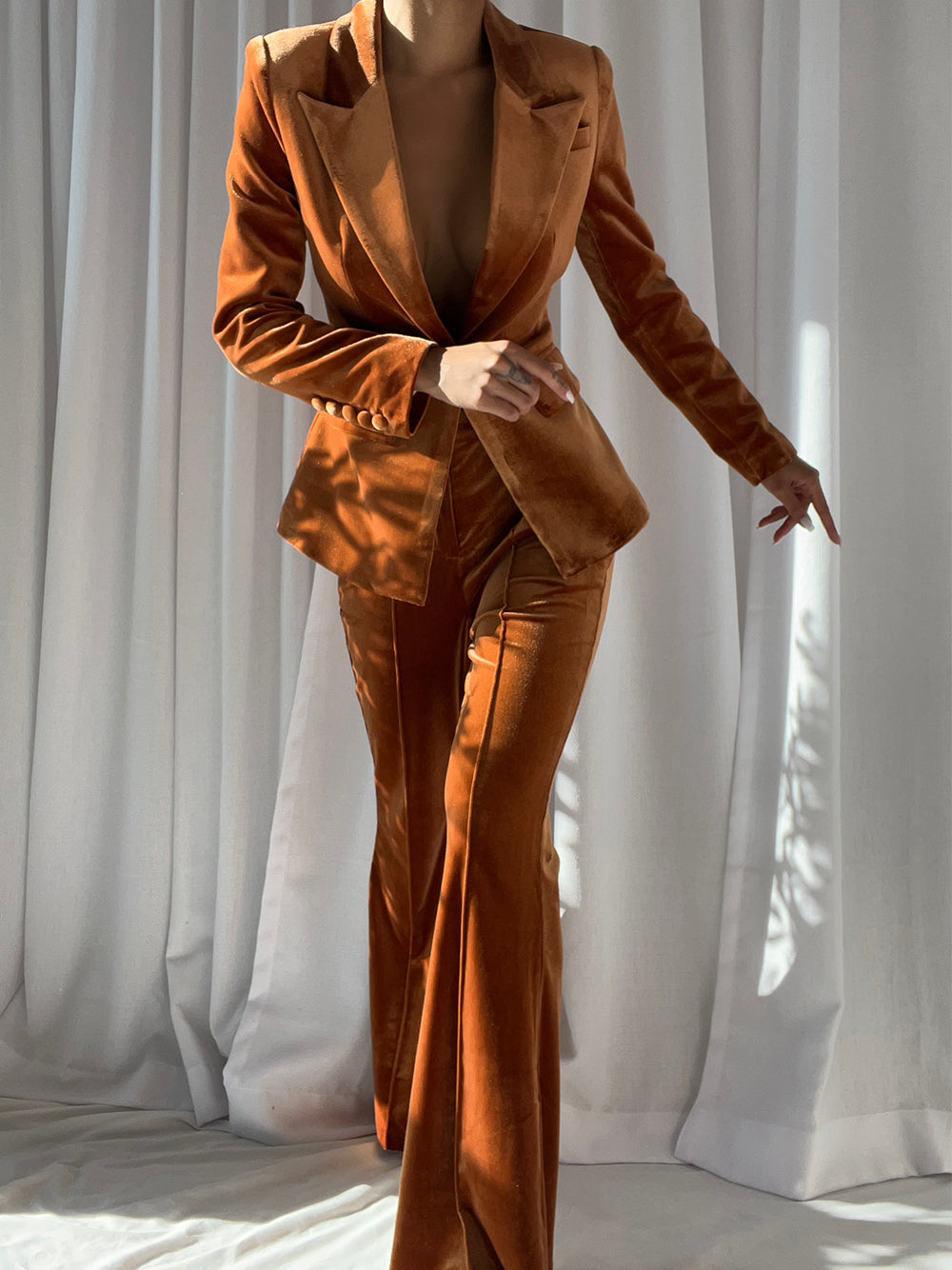 Brown Peak Lapel Velvet Blazer Flared Pants Set