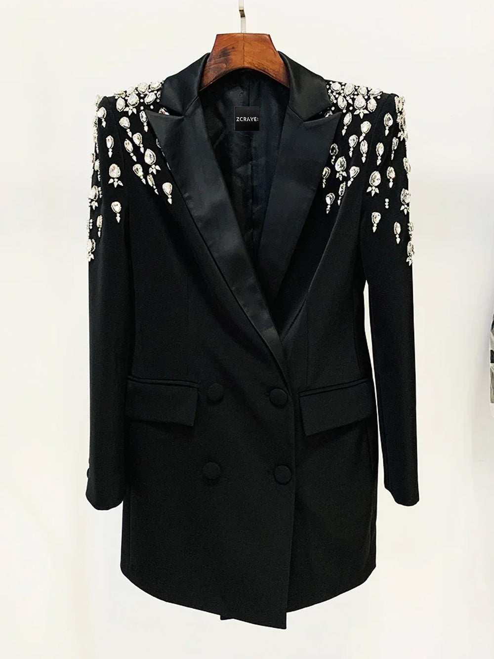 Black Peak Lapel Crystal Embellished Double-Breasted Blazer Mini Dress 5