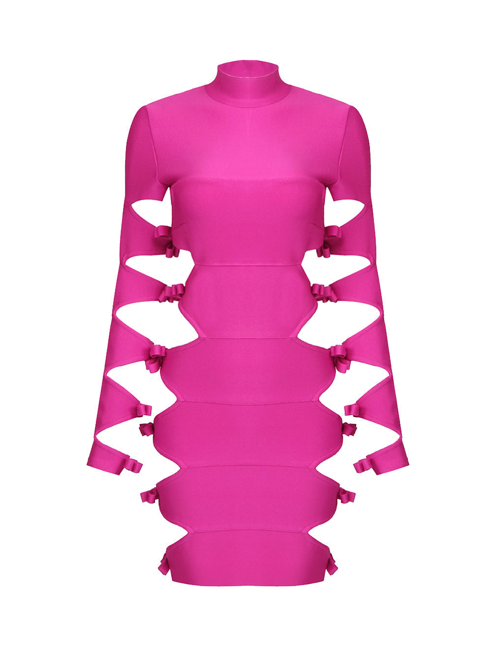 Fuchsia High Neck Bow Cutout Long Sleeve Bandage Bodycon Mini Dress