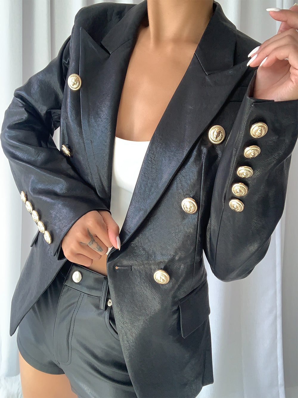 Black Peak Lapel Double-Breasted Gold Button Leather Blazer