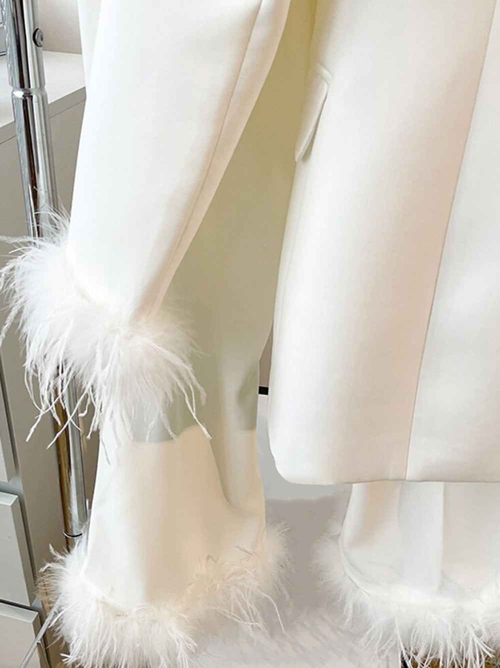 White Feather Trim Peak Lapel Blazer and Pants Set