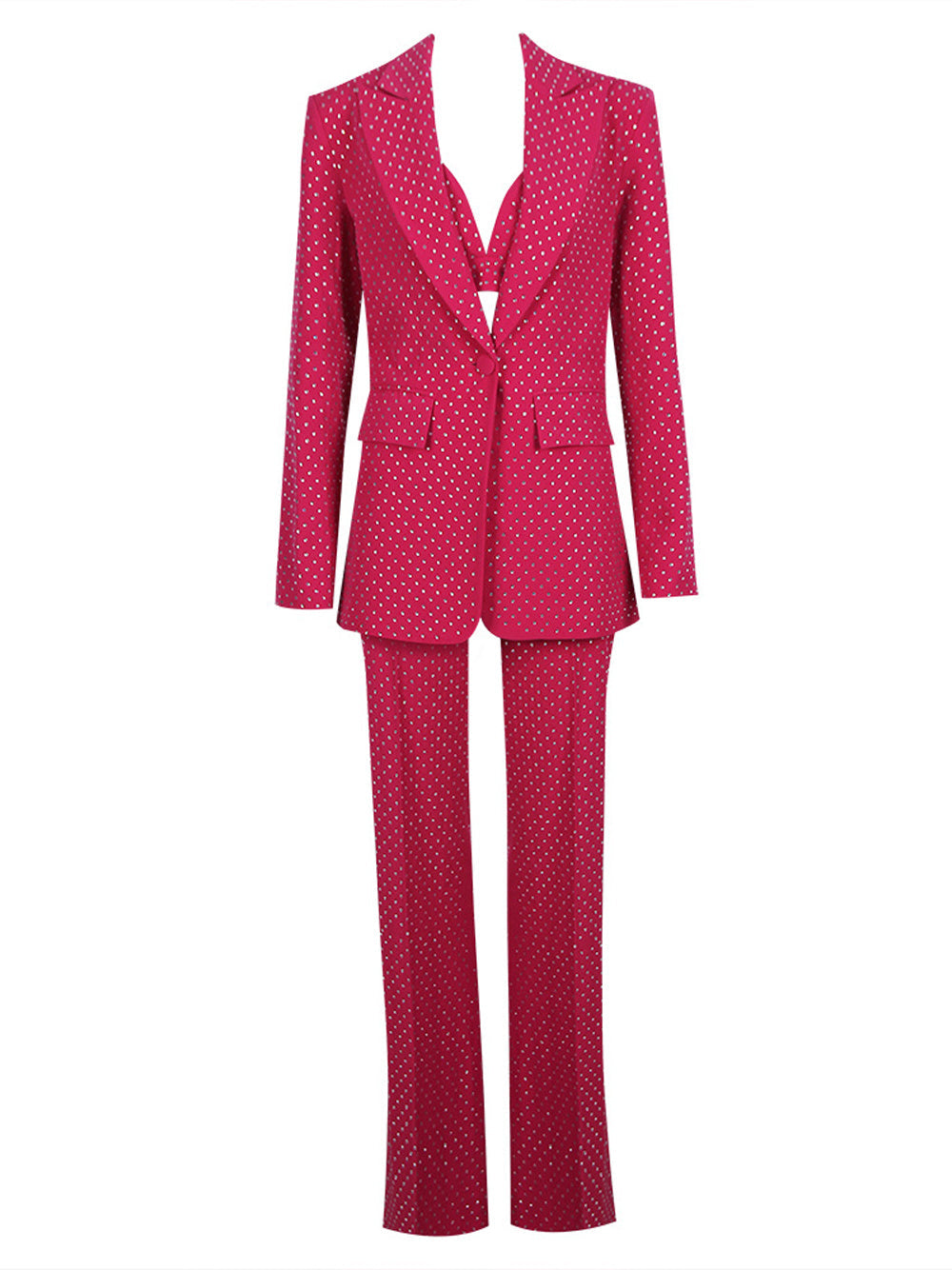 Fuchsia Notch Lapel Rhinestone Blazer Bralette Flared Pants Set 8