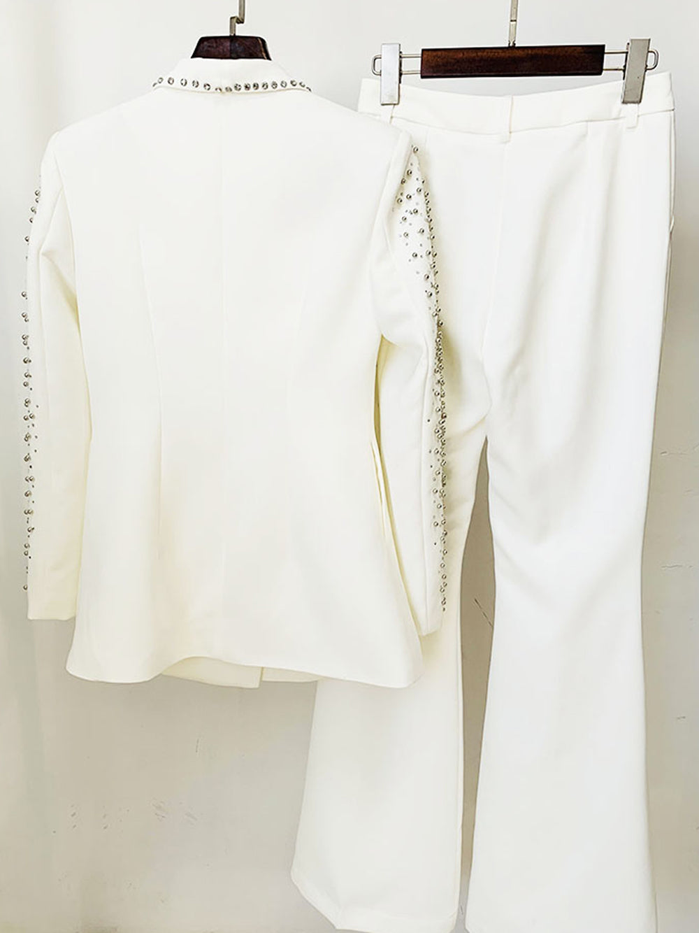 White Shawl Lapel Crystal Beaded Blazer Top Pants Set 11