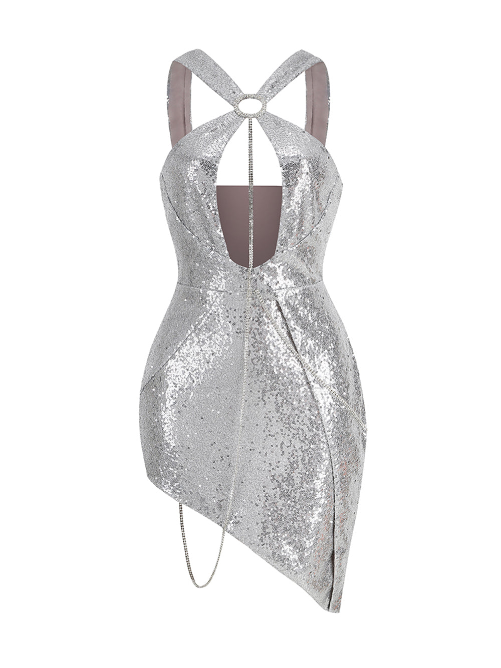 Silver Sequin O-Ring Cutout Rhinestone Chain Asymmetrical Bodycon Mini Dress