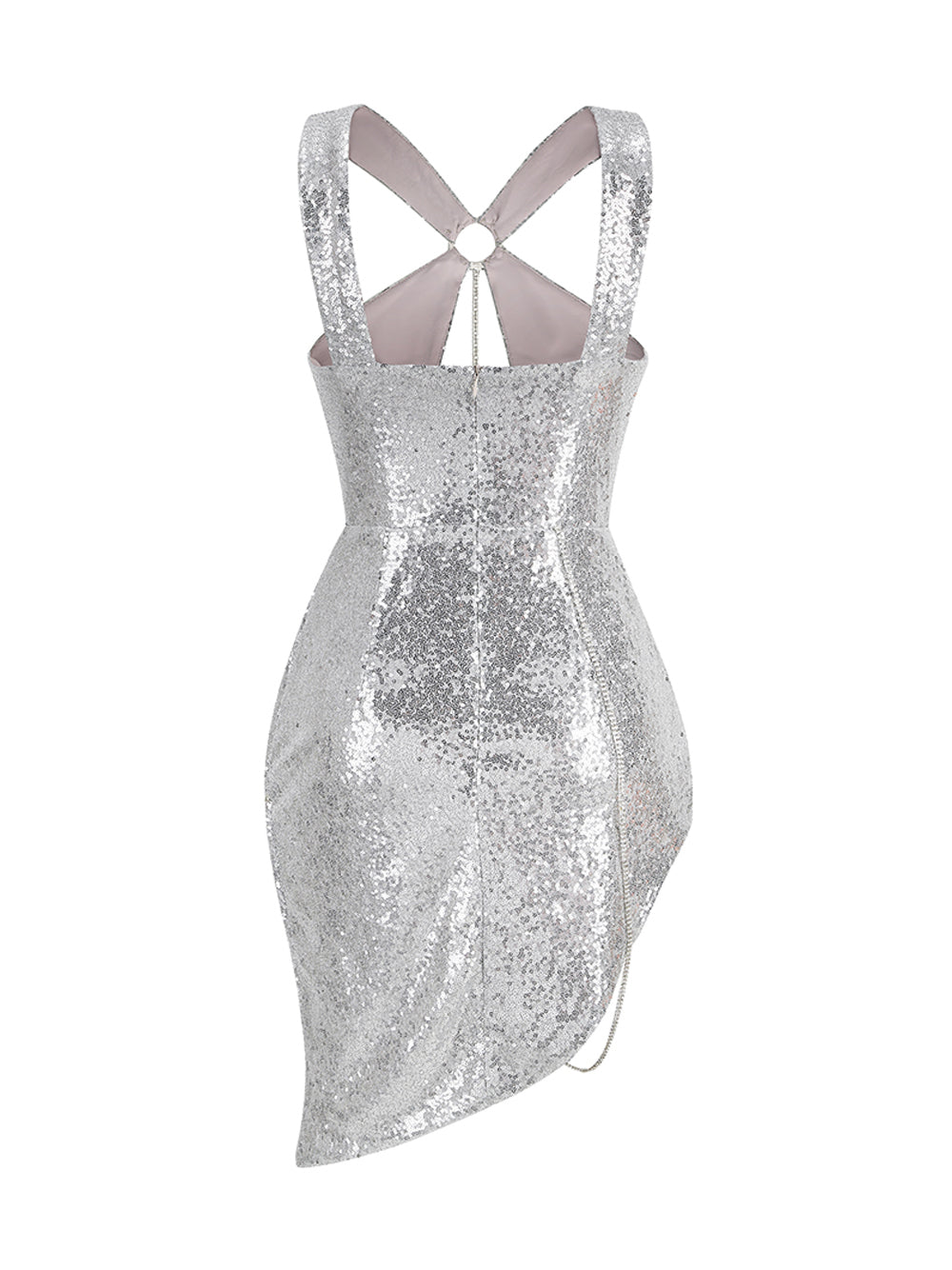 Silver Sequin O-Ring Cutout Rhinestone Chain Asymmetrical Bodycon Mini Dress