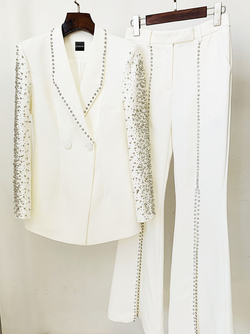 White Shawl Lapel Crystal Beaded Blazer Top Pants Set 10