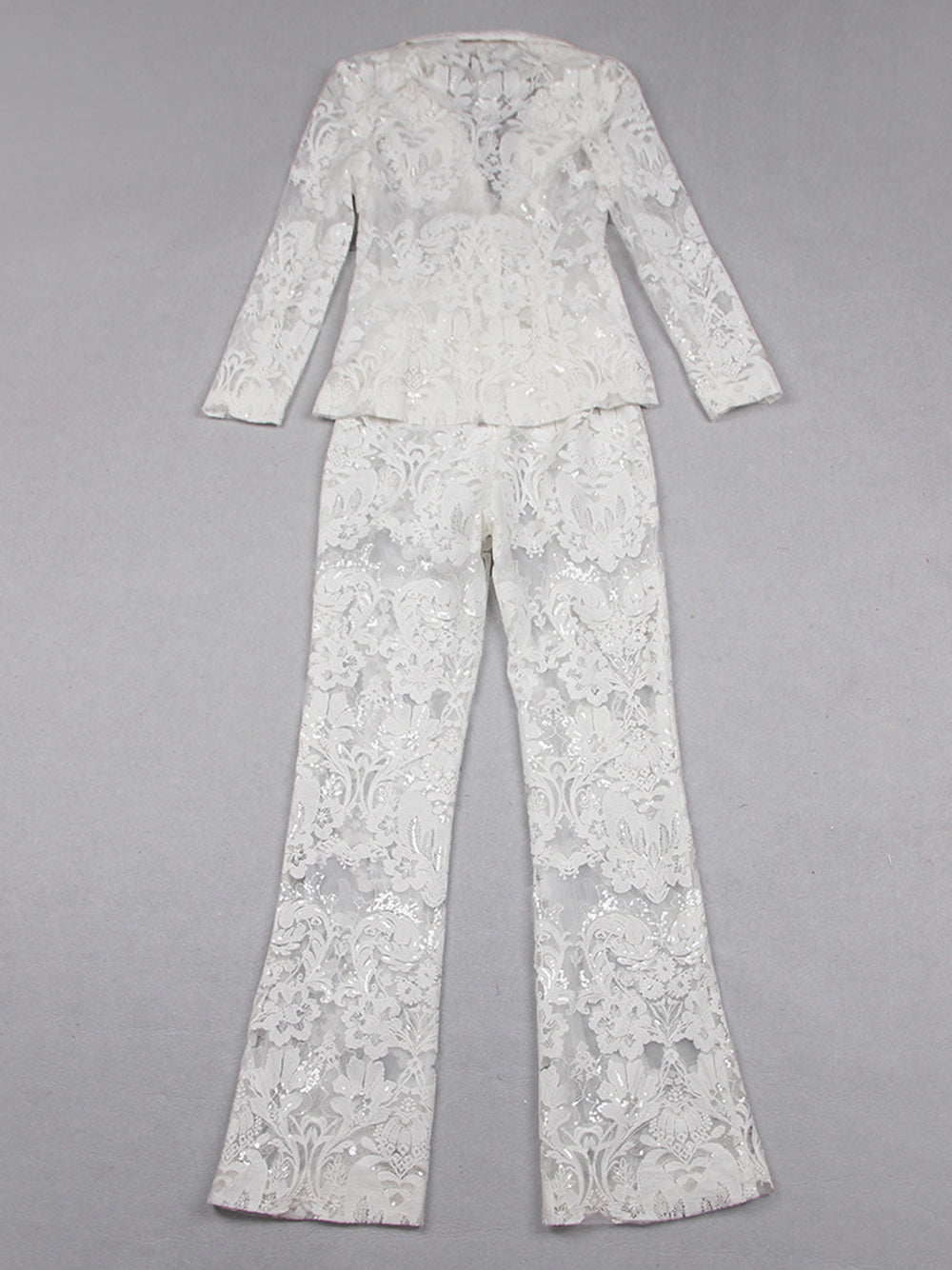 White Floral Lace Sheer Blazer and Flared Pants Set 10